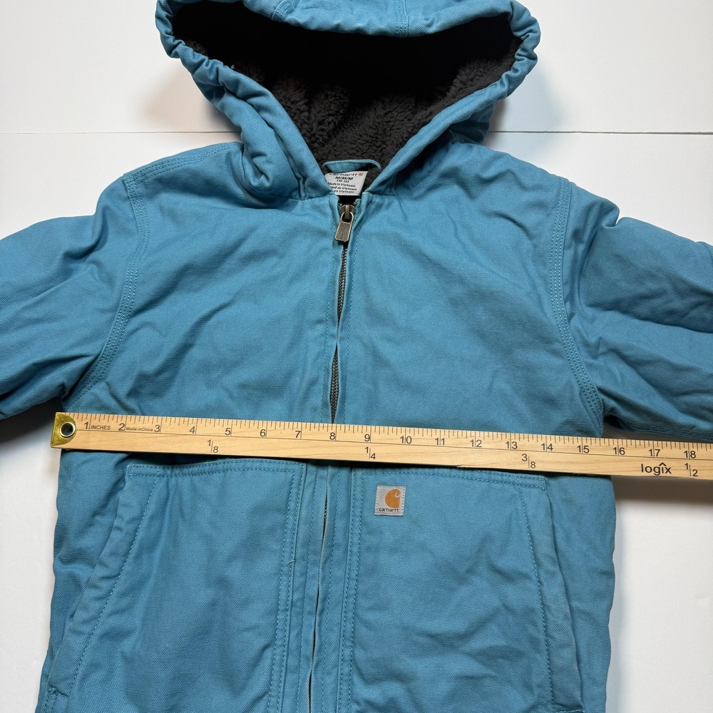 Carhartt Jacket Boys Medium 10-12 Blue Hooded Canvas Fleece Lined Workwear - Picture 7 of 7
